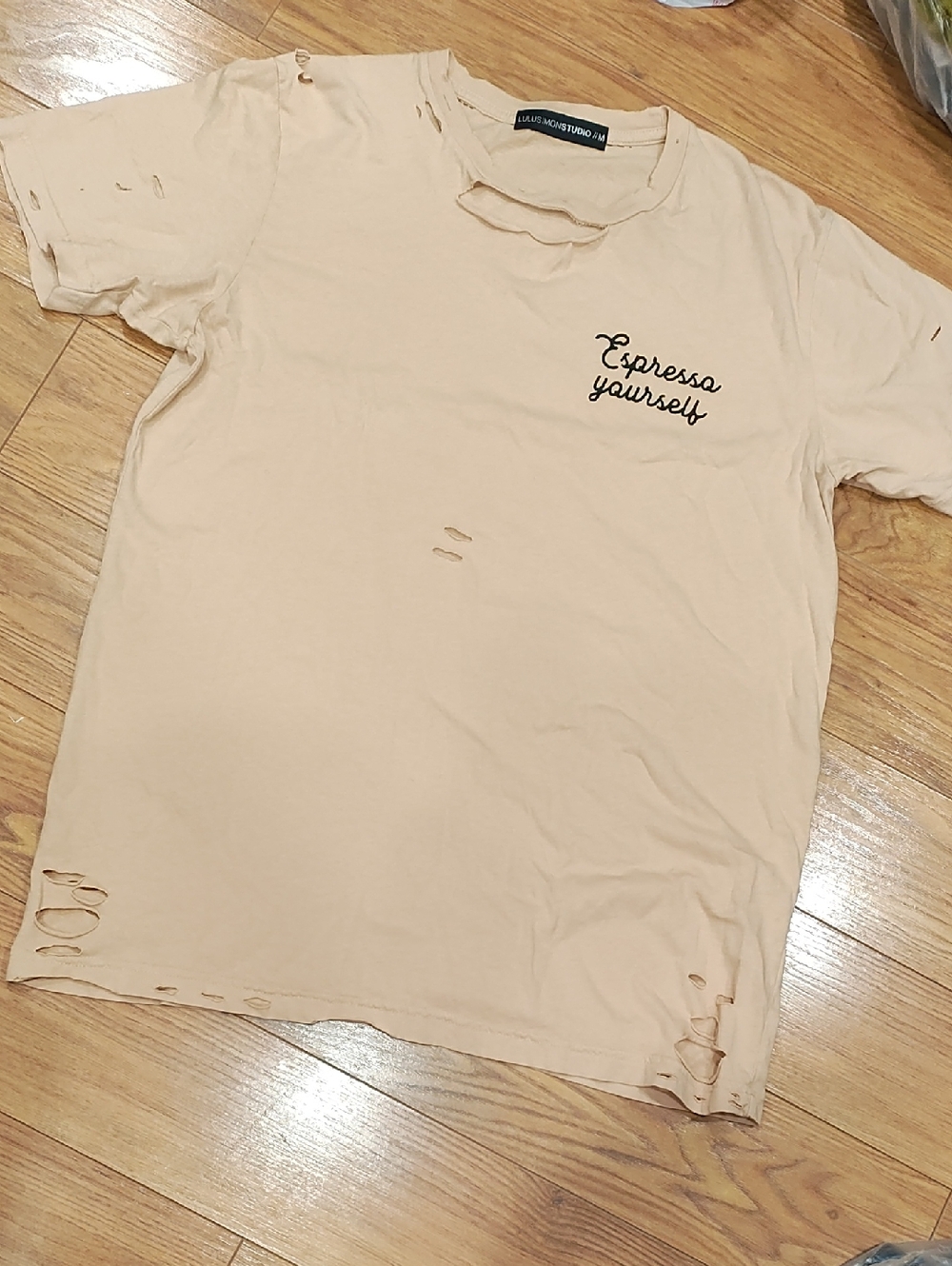 Distressed Crew Neck T-Shirt - Beige